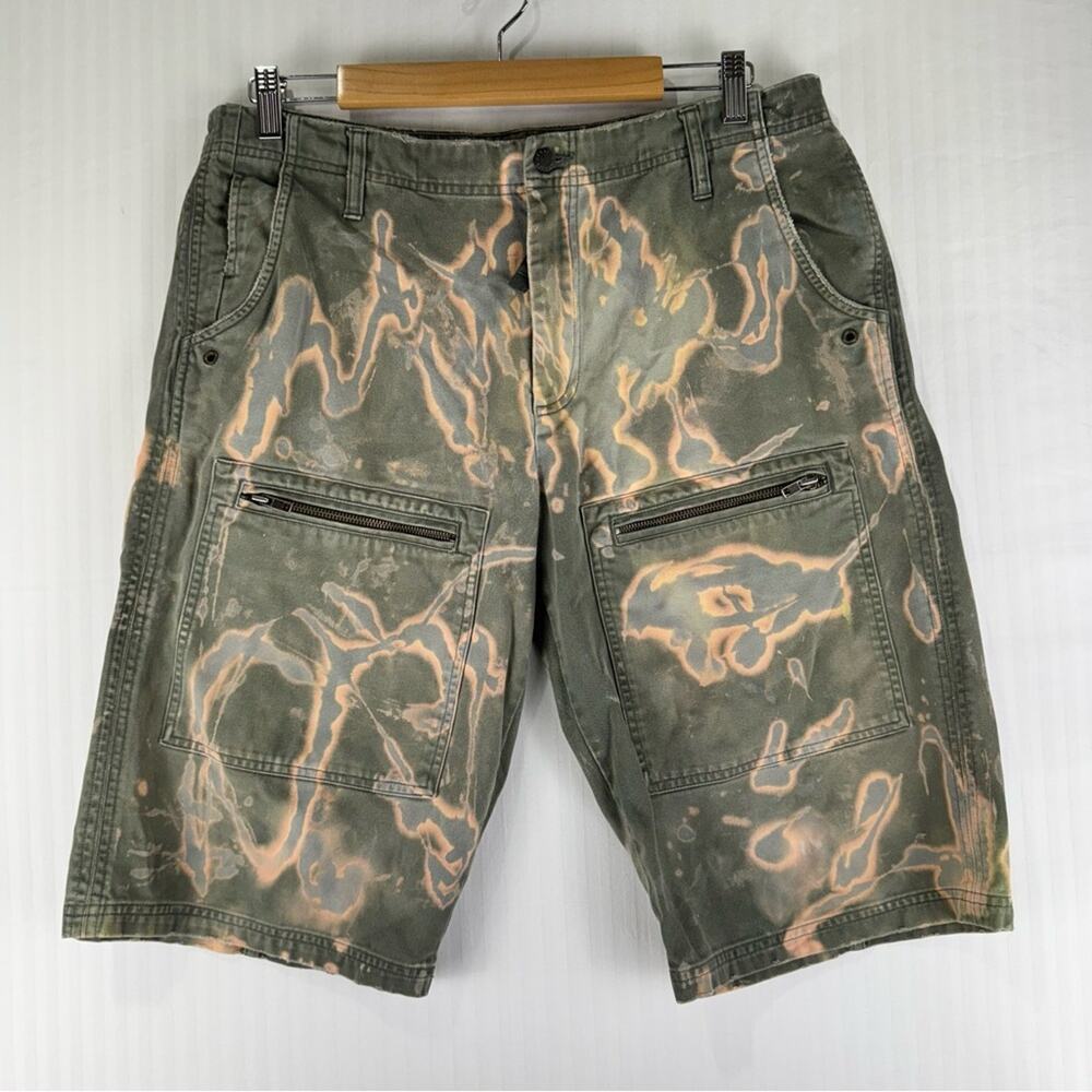 Armani Exchange Green Cream Dyed Canvas Shorts Size 33 Y2K Punk Grunge Sleeze